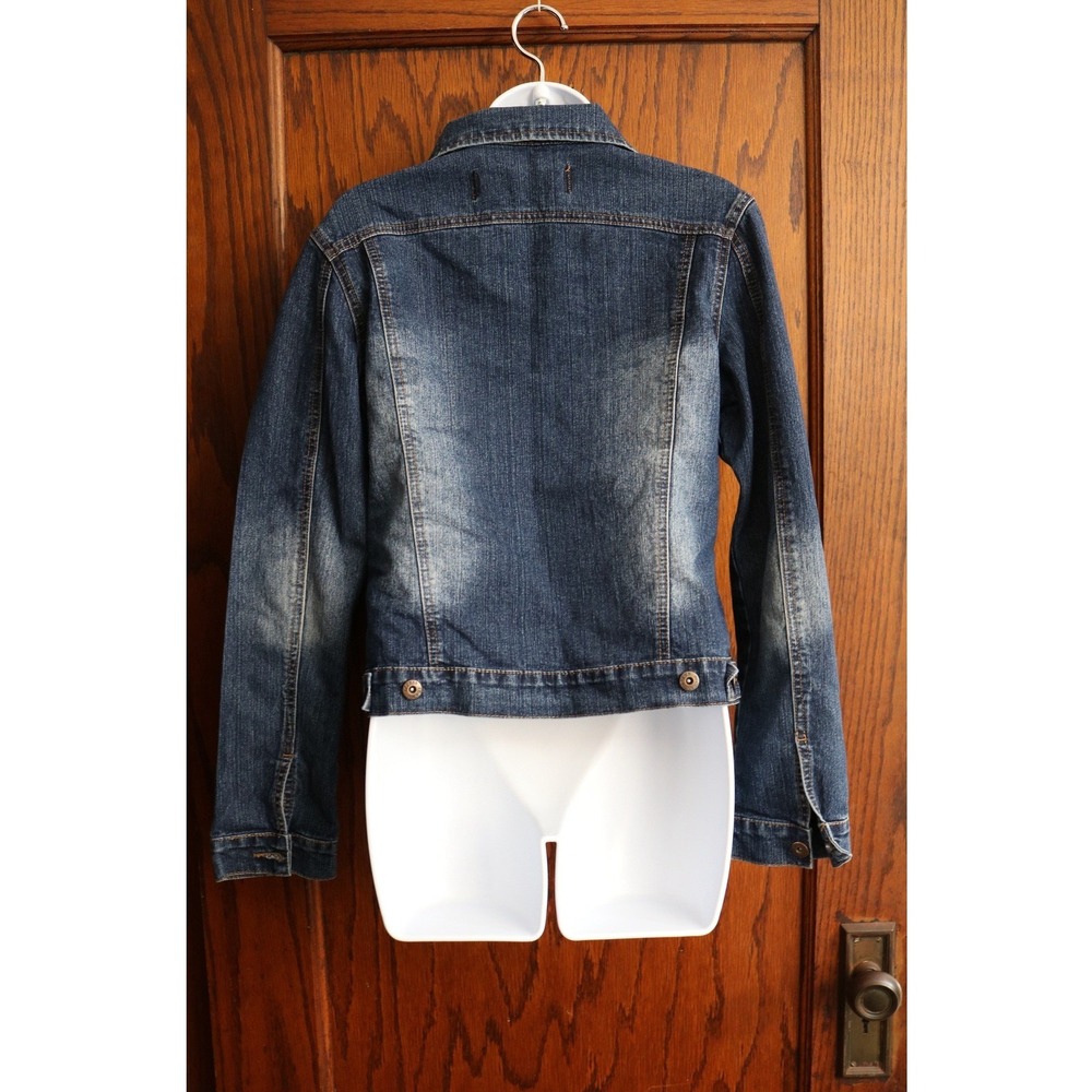 AC3998 Faded Denim Trucker Jacket Women Large Blue Stretch Buttons Casual 90s - Picture 2 of 15
